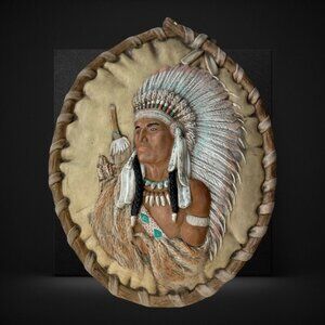 Native American Chief Warrior Wall Decor With Feather Headdress & Beaded Details